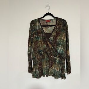 Tape Measure Y2K Faux Wrap Long Sleeve Mesh Top Paisley Plaid Size 3X Forest